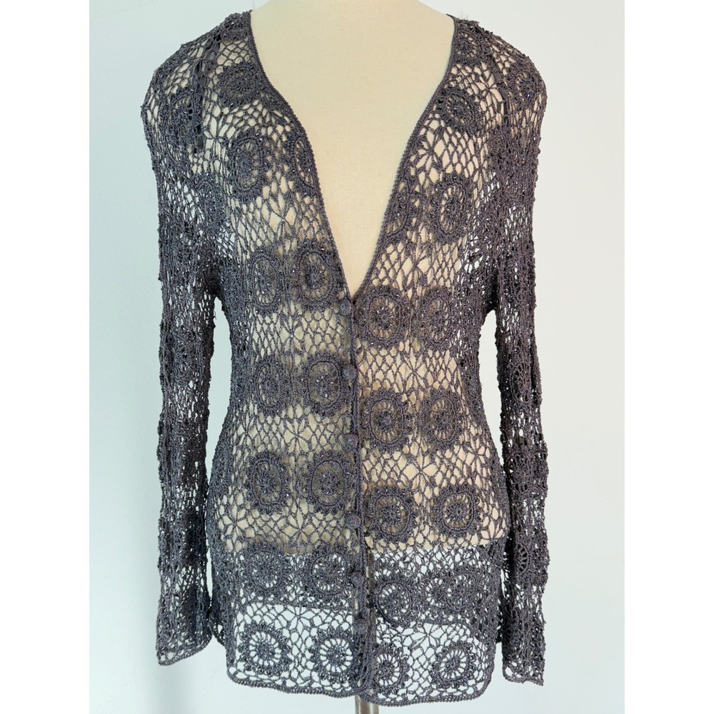 VTG Y2K 90s Cachet Gray Beaded Lace Knit Cardigan Boho Fairy Grunge Whimsigoth